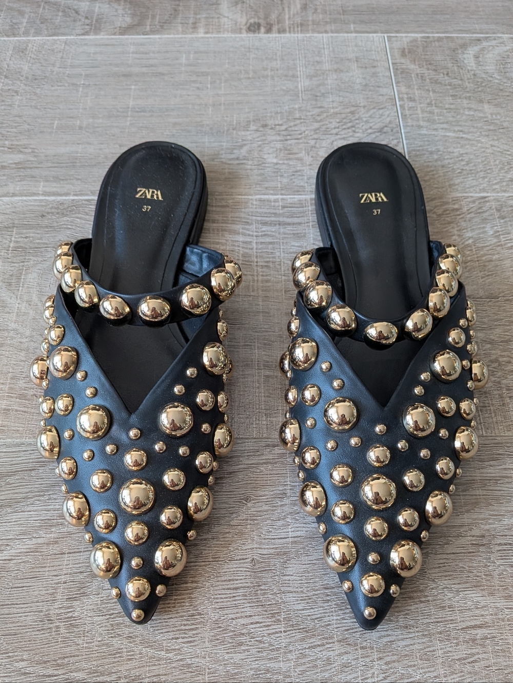 Zara Black Gold Tone Studded Vegan Slip On Shoes Mules Size 37